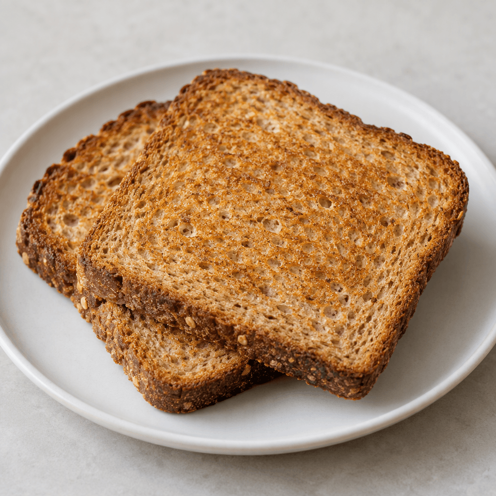 Rectangular slices of whole-wheat bread with a golden-brown, slightly crisp surface, darker crusts, and a visible tan, coarse-textured crumb, served plain on a plate.