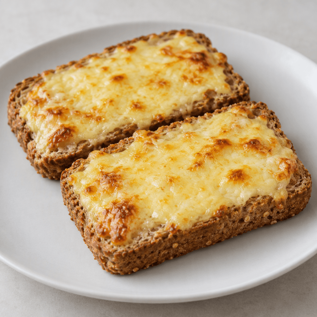 Two rectangular slices of whole wheat bread with a speckled brown crumb and crisp golden-brown edges are topped with a layer of pale straw-yellow melted cheese, with a few darker toasted patches on the surface, and served on a plain plate.