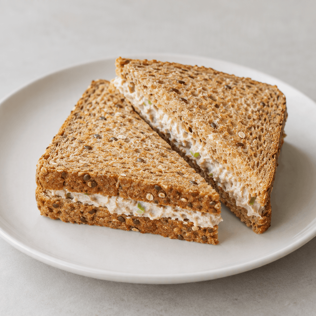 A whole wheat bread sandwich consists of two square slices of brown, grain-speckled bread stacked with a visible layer of pale filling between them, served whole or cut diagonally on a plate.