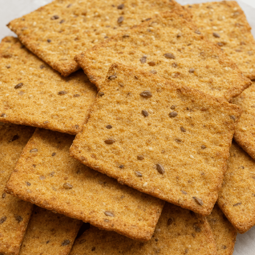 Thin, flat, golden-brown whole-wheat crackers with rough, crisp-looking surfaces, scattered bran flecks, and small seeds embedded throughout.