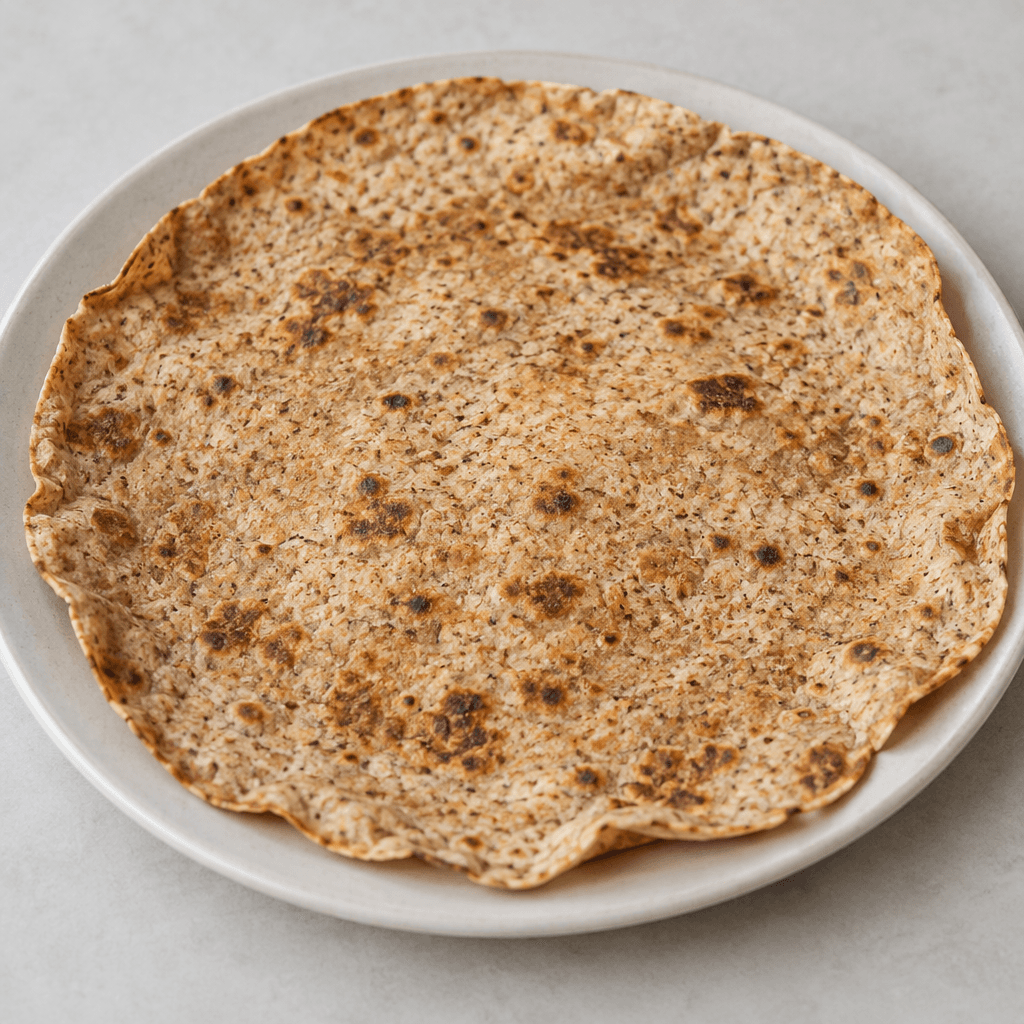 A thin, flat whole-wheat lavash with a warm brown surface, scattered darker toast marks, visible bran flecks, and crisp, slightly curled edges, served flat on a plate.