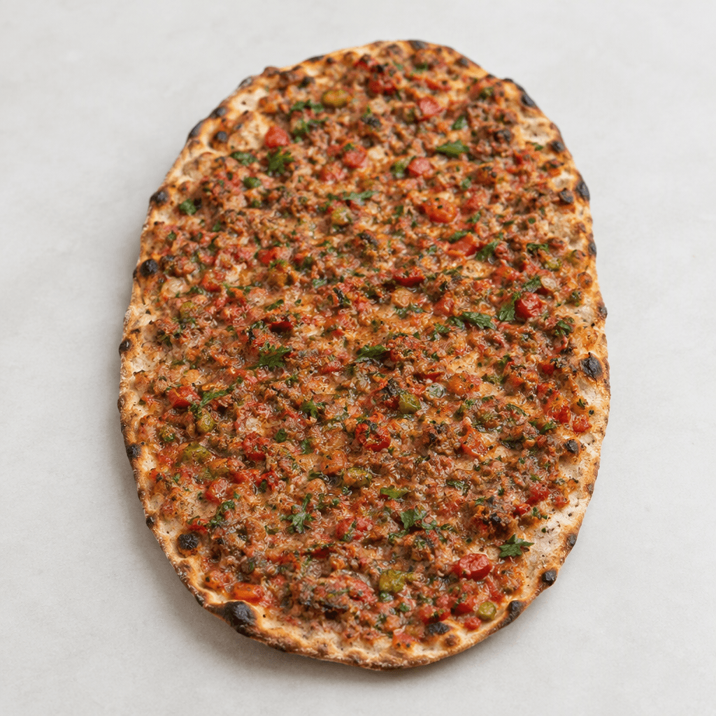 A thin, oblong whole-wheat flatbread with a lightly browned, speckled surface is spread with a fine layer of minced meat, tomato, red pepper, and green herbs, with crisp edges and scattered darker spots.