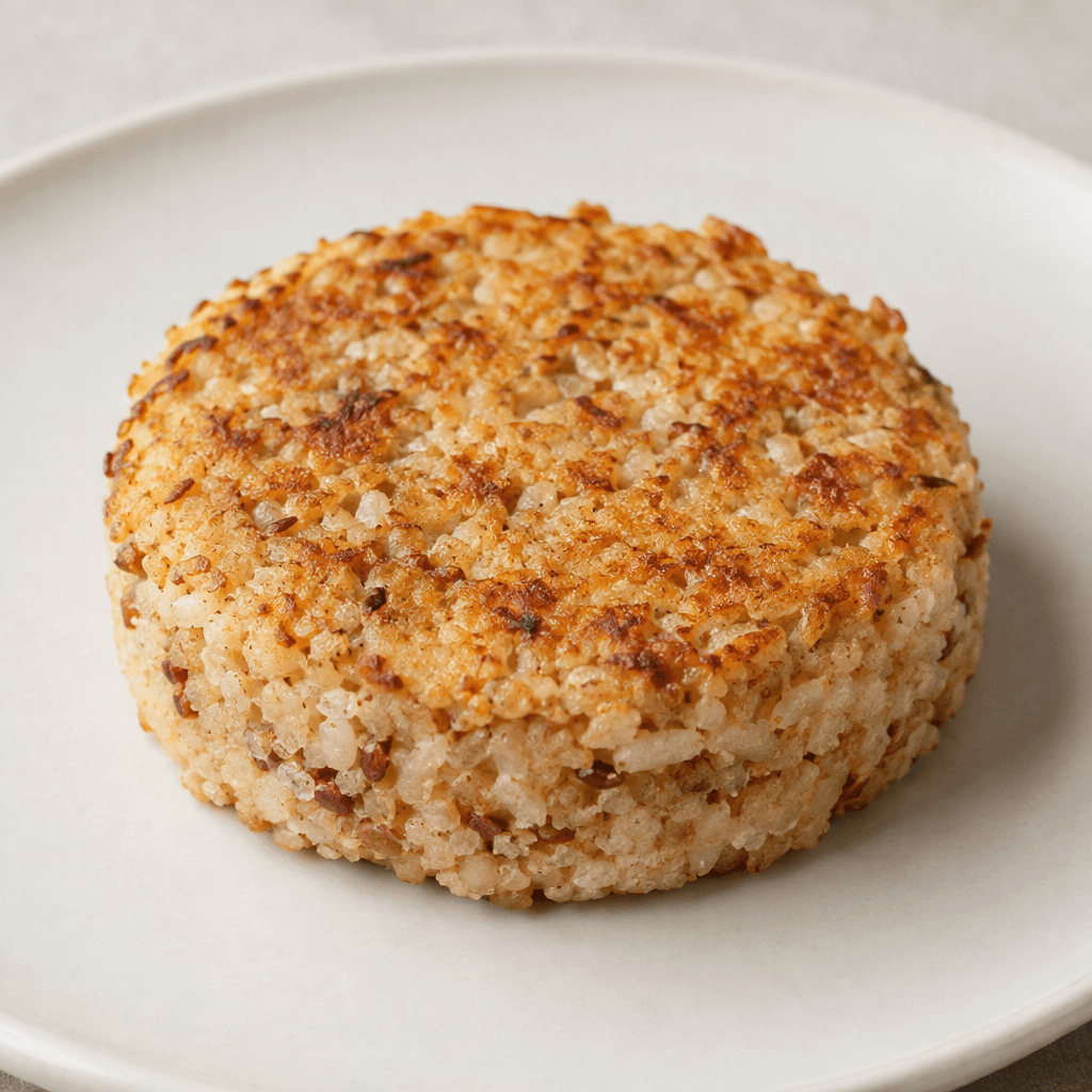 A small, round, slightly thick rice cake with a golden-brown surface, visible whole-wheat flecks, and a compact, lightly crumbly texture, served on a plain plate.