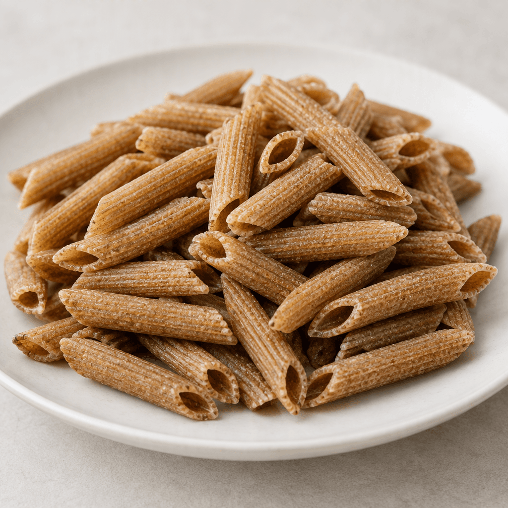 Whole wheat penne pasta consists of short, hollow tubes with diagonally cut ends, a warm brown whole-grain colour, and a subtly rough, speckled surface, arranged loose or in a small pile on a plate.