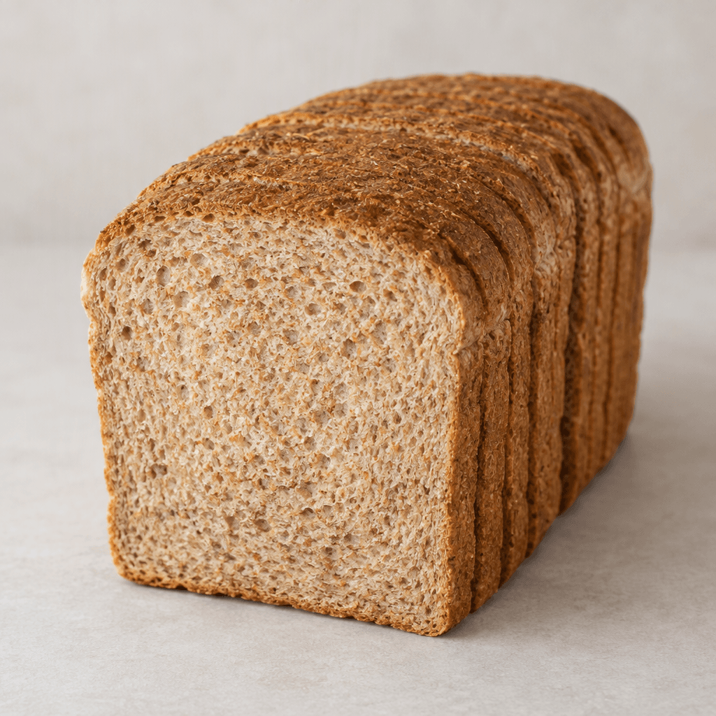 A rectangular loaf of whole wheat sandwich bread with a medium-brown crust, a dense light-brown crumb flecked with darker wheat particles, and evenly squared slices arranged in a neat stack.