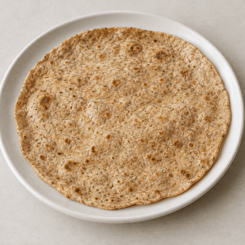 A round, thin flatbread with a warm tan-brown surface, scattered darker whole-wheat flecks, slightly uneven edges, and a soft, lightly bubbled texture, served whole or folded on a plain plate.
