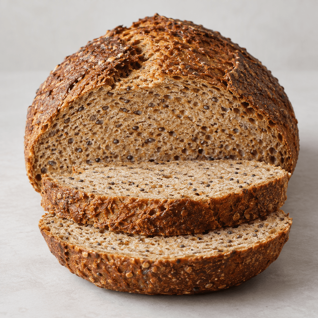 A rustic loaf of whole wheat bread with a deep brown crust, a dense tan crumb, and small black chia seeds scattered throughout, shown sliced into thick pieces on a plain surface.