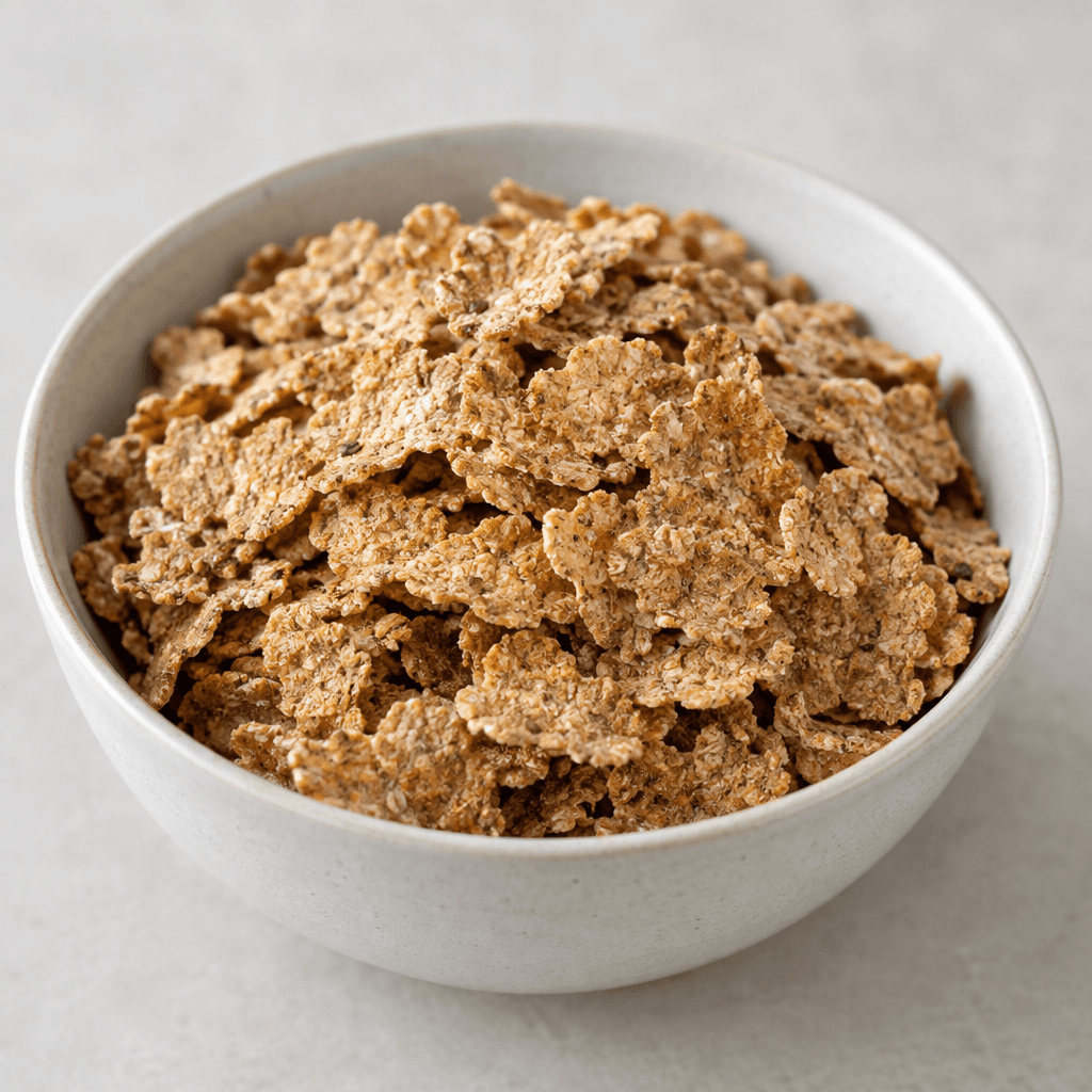 A loose pile of thin, irregular whole-wheat flakes, golden brown with darker grain flecks and a dry, lightly rough surface, rests in a simple bowl.
