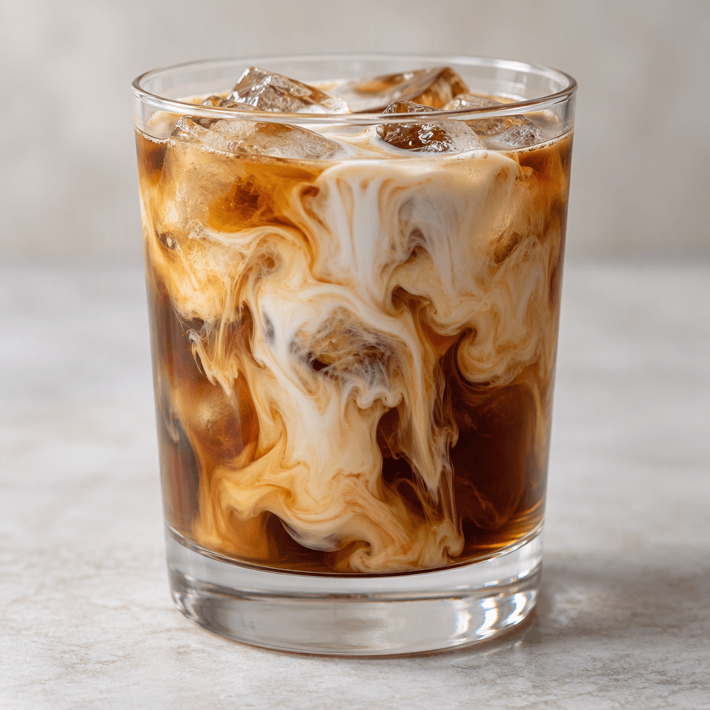 A clear glass holds brown iced coffee with visible ice cubes and pale whole milk swirling through it in creamy streaks.