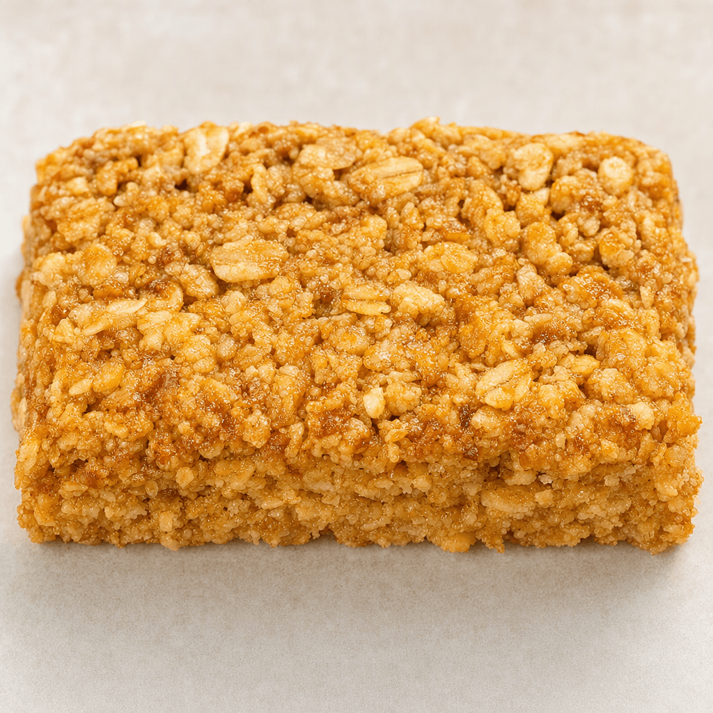 A compact rectangular whole-grain bar with a golden-brown surface, visibly packed with oat flakes and small grains, its edges slightly uneven and crumbly.