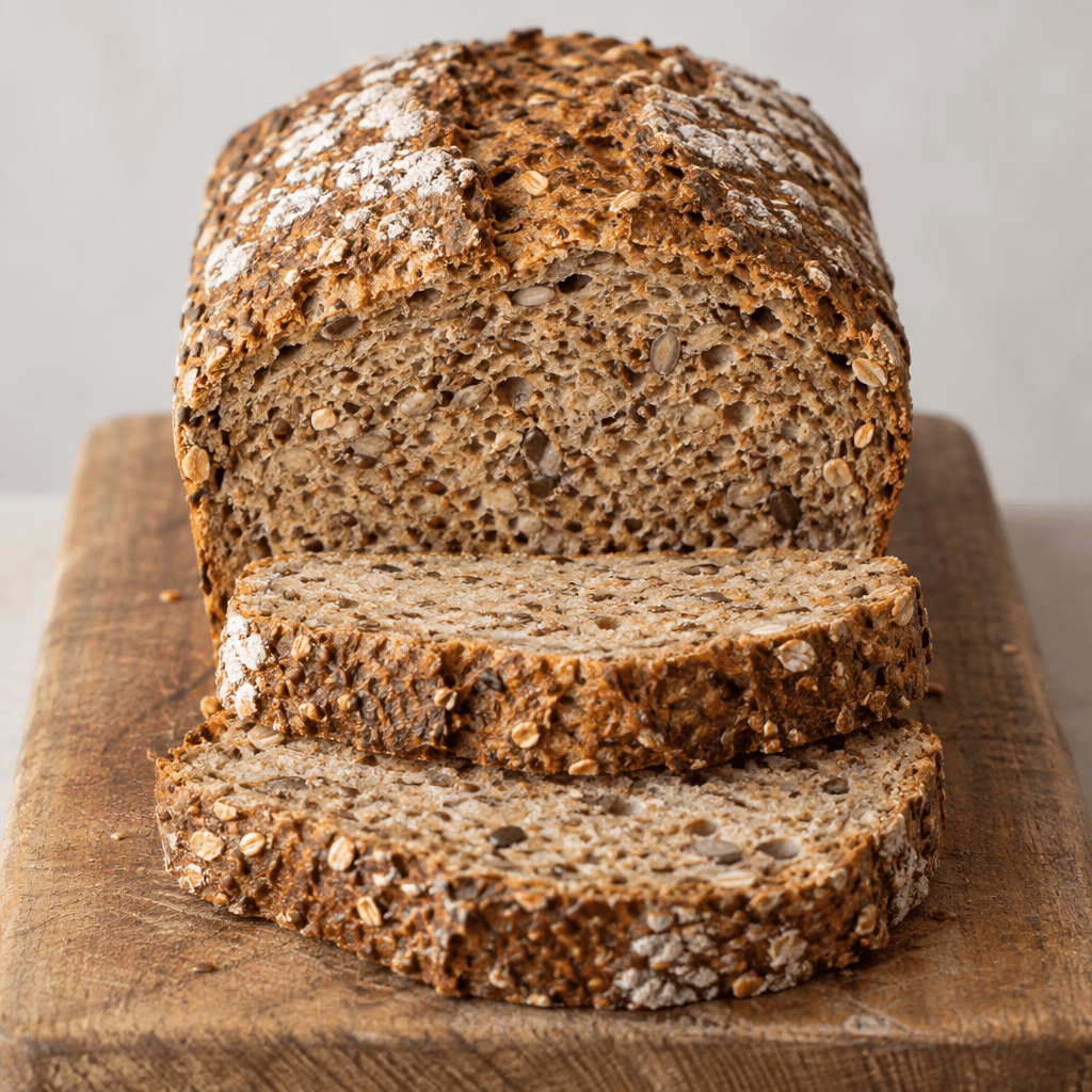 A rustic rectangular loaf with a deep brown, flour-dusted crust, a dense tan crumb flecked with visible whole grains and seeds, cut into thick slices and arranged on a plain wooden board.