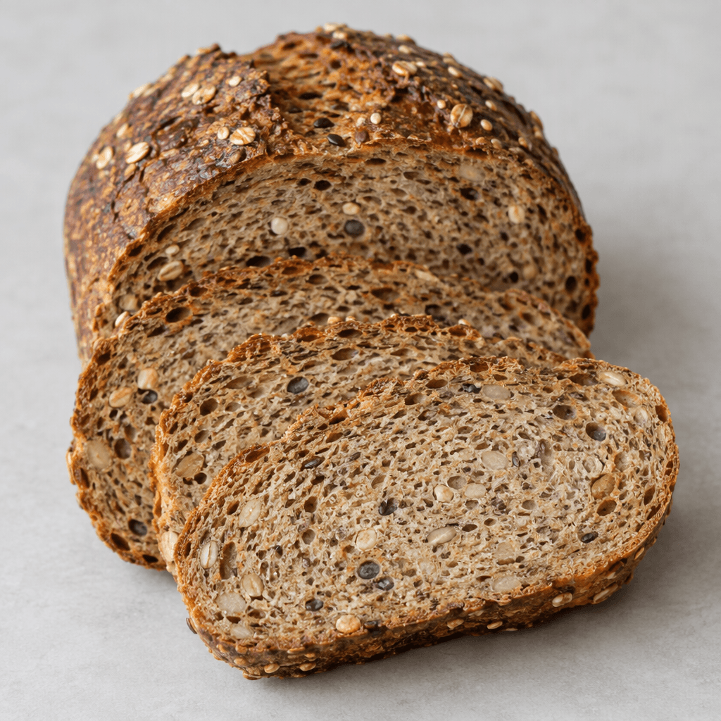 A thick, rustic loaf with a deep brown crust, a dense tan crumb, and clearly visible whole grains and seeds scattered throughout the sliced interior, served in overlapping slices on a plain surface.