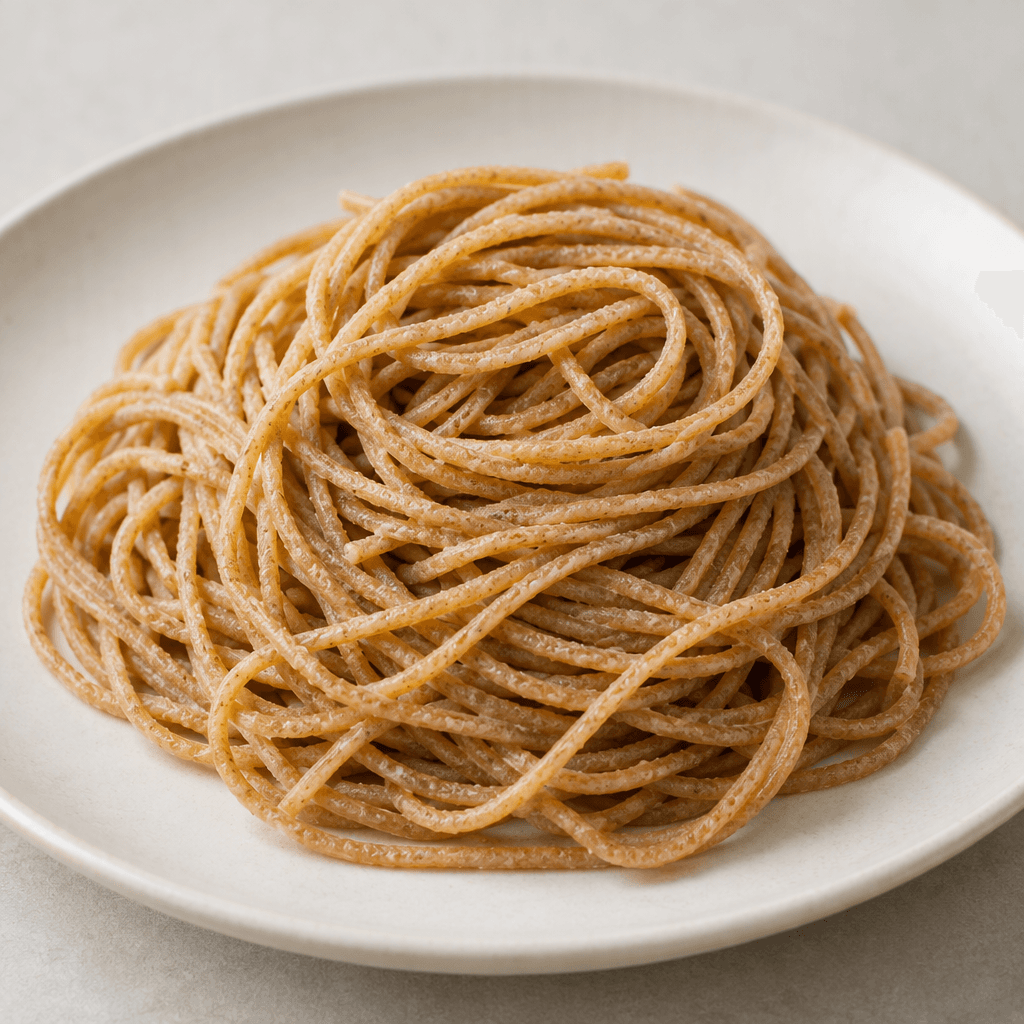 Long, thin whole-grain pasta strands with a muted brown-golden colour and slightly rough, matte texture, loosely coiled into a small mound on a plain plate.
