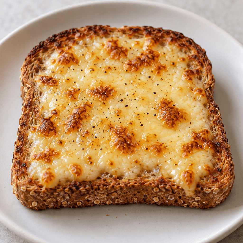 A slice of whole-wheat toast with a golden-brown, crisp surface and visible grain flecks is topped with melted pale-yellow cheese, lightly browned in spots, and served on a plain plate.