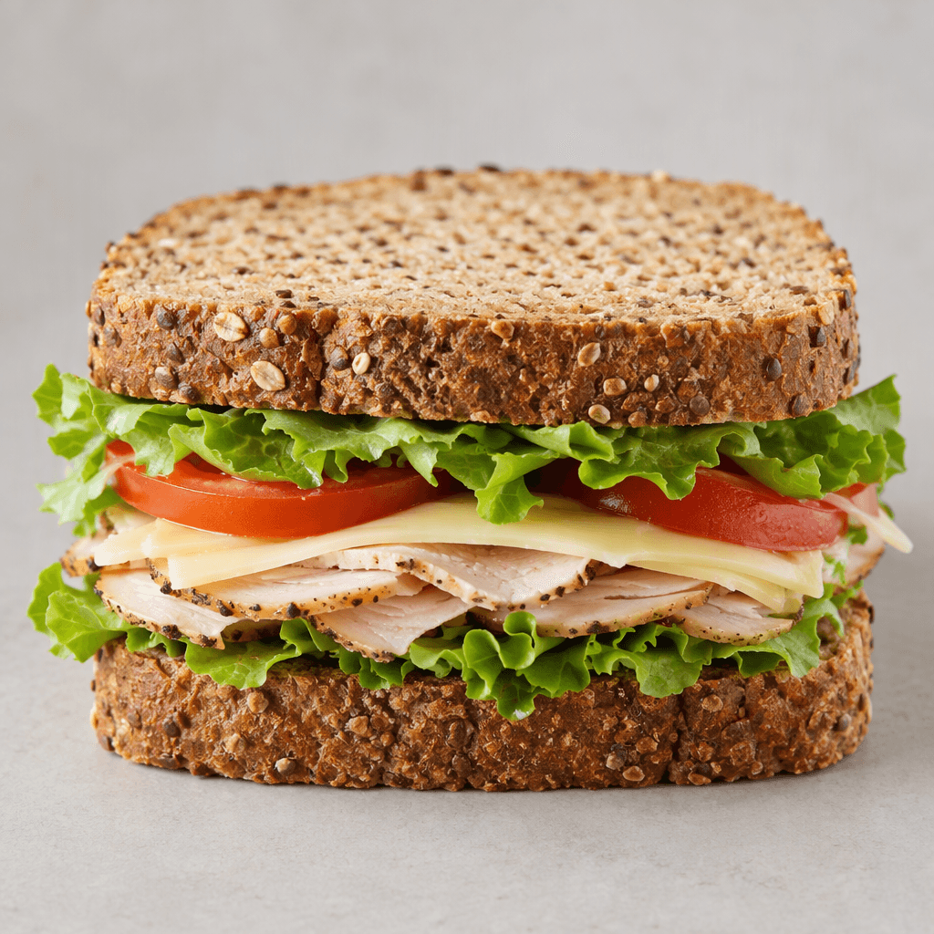 A whole grain sandwich consists of two thick rectangular slices of brown, speckled bread enclosing visible layers of green lettuce, red tomato slices, pale cheese, and sliced filling, with the ingredients slightly protruding at the edges and the sandwich served whole or cut in half.