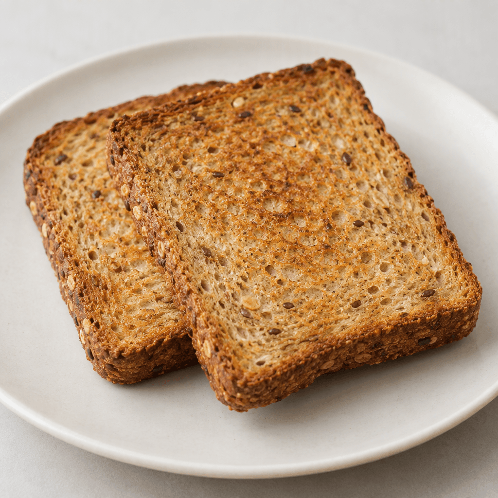 Rectangular slices of toasted whole-grain bread with a deep golden-brown crust, a firm tan crumb, and small visible flecks of grains across the cut surface, served on a plain plate.