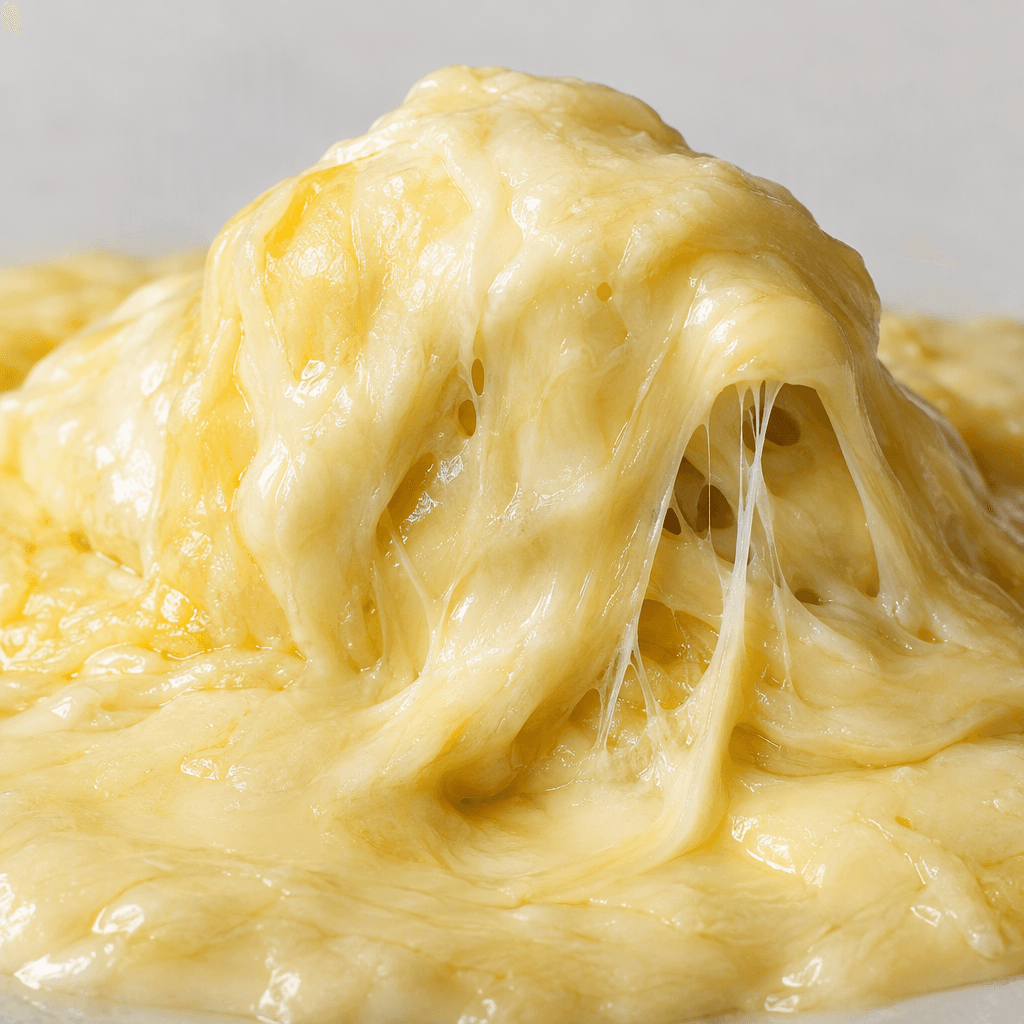 A glossy, pale-yellow mass of fully melted cheese sits in a smooth, thick pool with soft folds and a few stretchy strands.