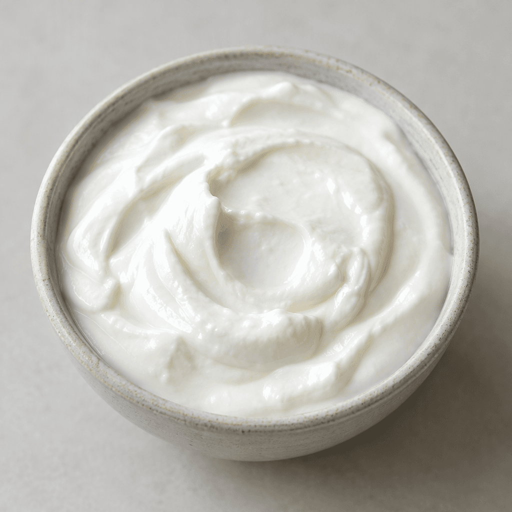 Thick, smooth white yogurt with a faint sheen and soft ridges sits in a small bowl.