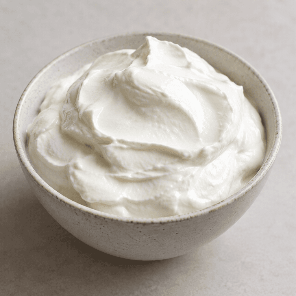 Thick, dense full-fat strained yogurt with a smooth, glossy white surface, holding soft spoon marks and forming a mound in a bowl.