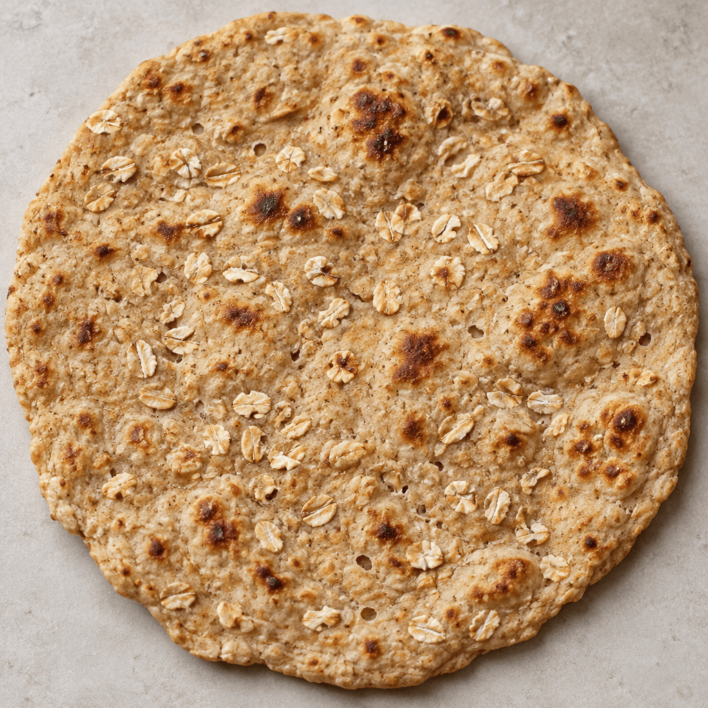 A thin, broad, irregularly round flatbread with a warm beige-brown surface, scattered visible oat flakes, and small toasted spots and bubbles.