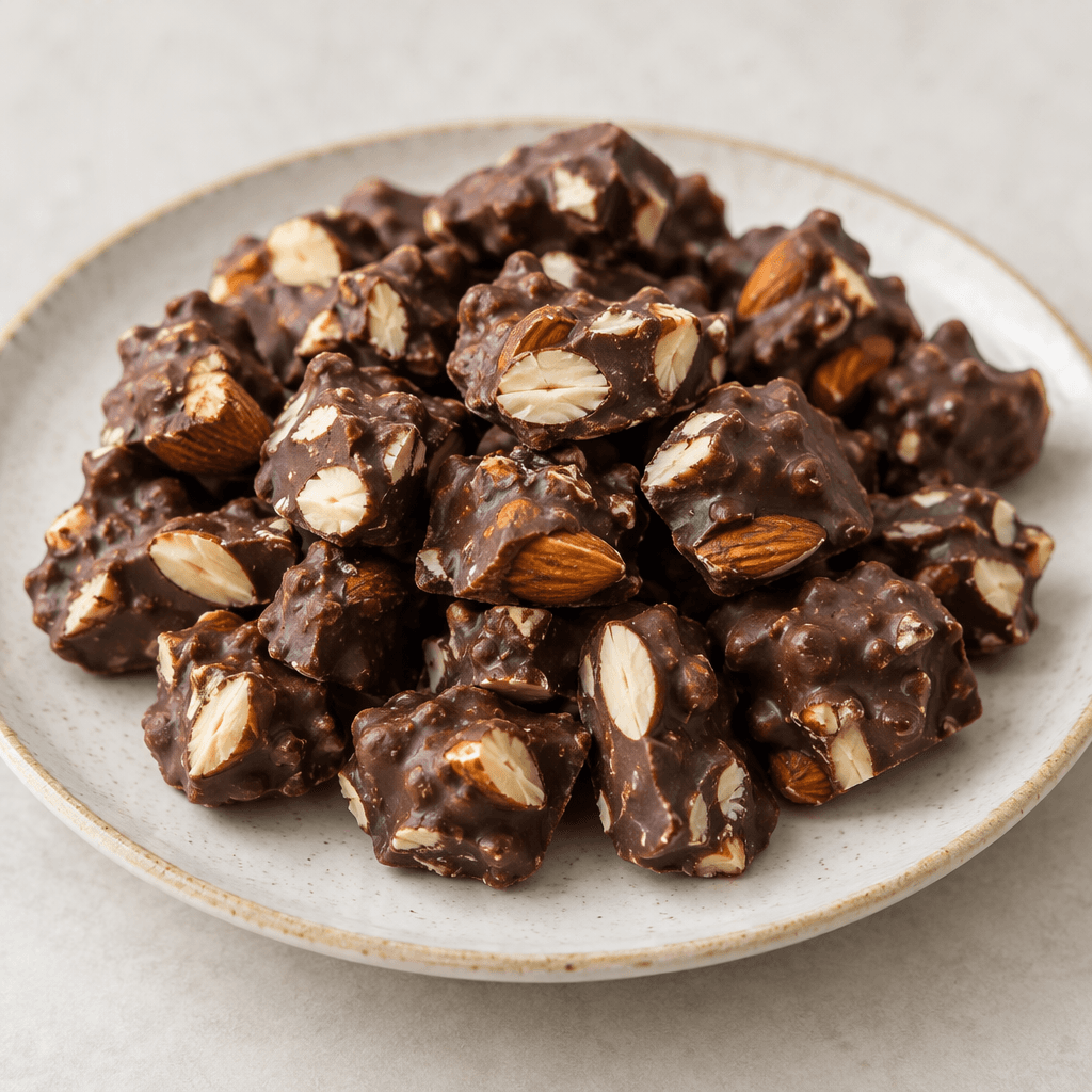 Small, irregular dark-brown chocolate pieces with pale almond pieces visible on their surfaces are arranged on a plate.
