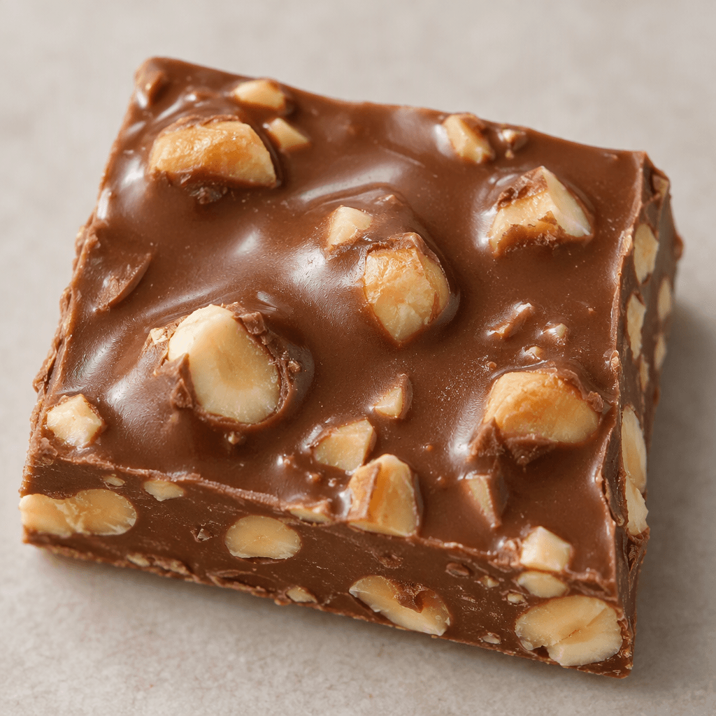 A piece of milk chocolate with pale-brown hazelnut pieces visible across its smooth, glossy surface.
