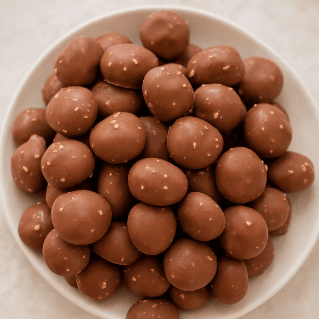 Small, bite-sized rounded pieces of milk chocolate with a smooth brown coating and tiny pale hazelnut flecks visible on their surfaces.