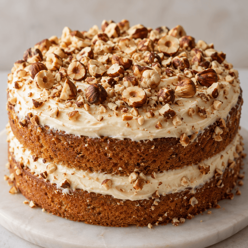 A round, golden-brown cake is layered with pale cream and topped with chopped hazelnuts scattered over its surface and sides.