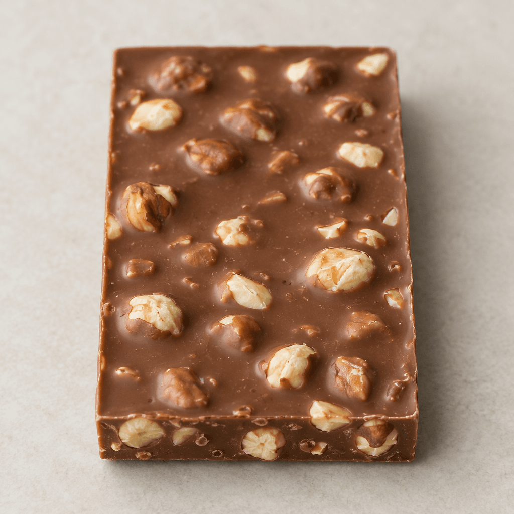 A rectangular milk-chocolate bar, medium brown with a smooth surface and visible pale hazelnut pieces embedded throughout.