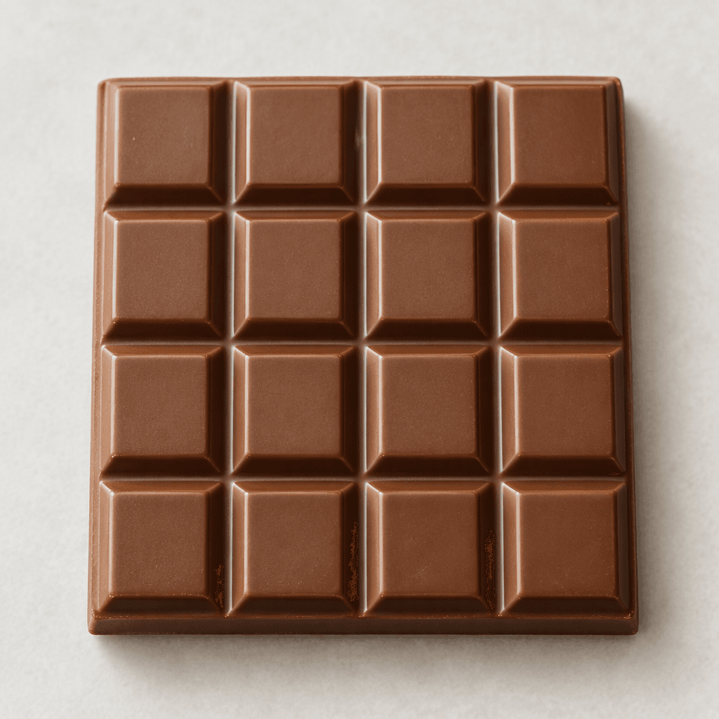 A smooth, medium-brown milk chocolate bar divided into neat rectangular segments, with a slight sheen and clean edges.