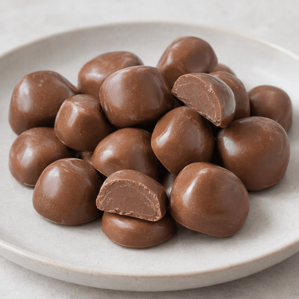 Small, smooth, rounded pieces of milk chocolate with a warm medium-brown surface, arranged together on a plate.