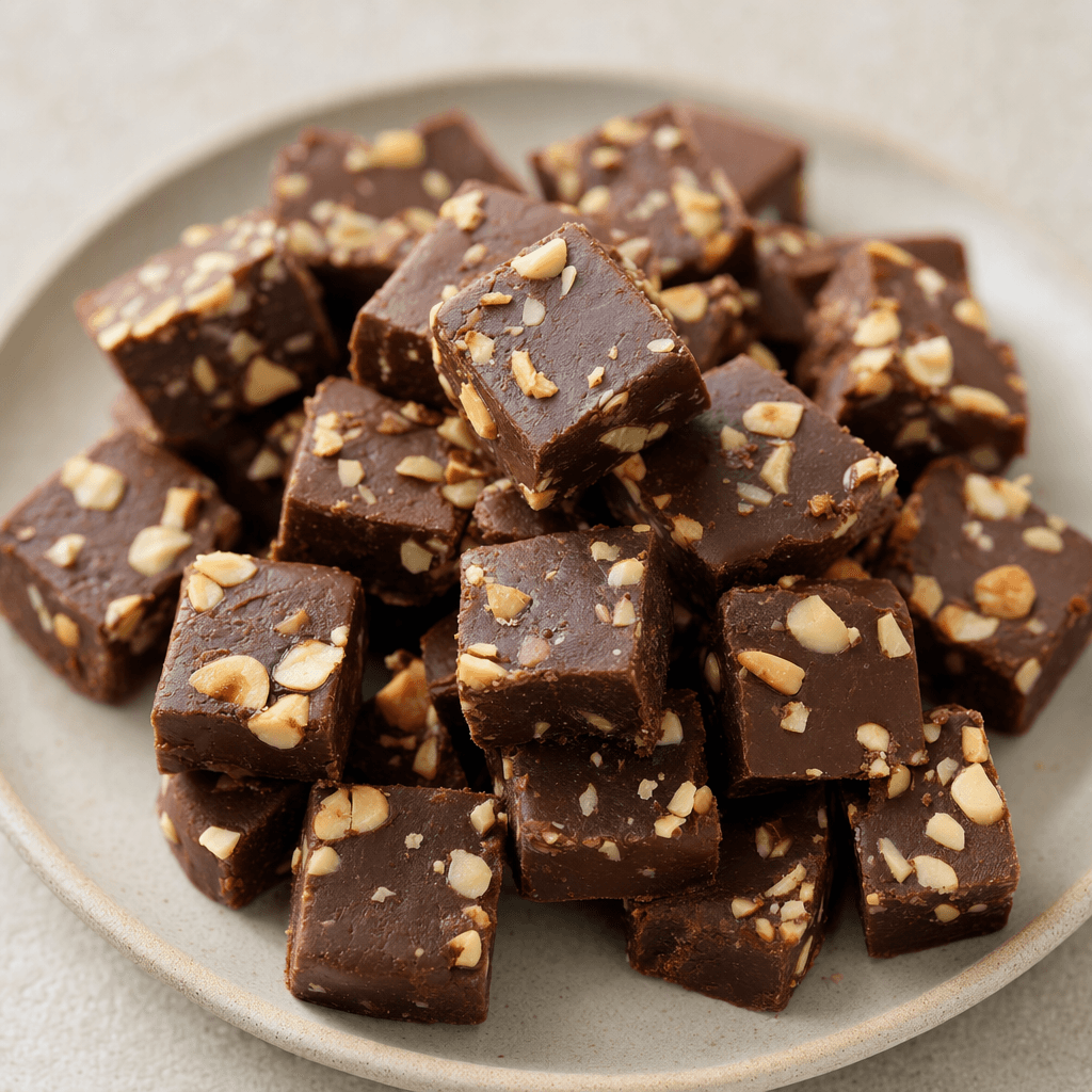 Small, bite-sized pieces of dark brown chocolate with pale golden hazelnut pieces visible on their surfaces, arranged on a plate.