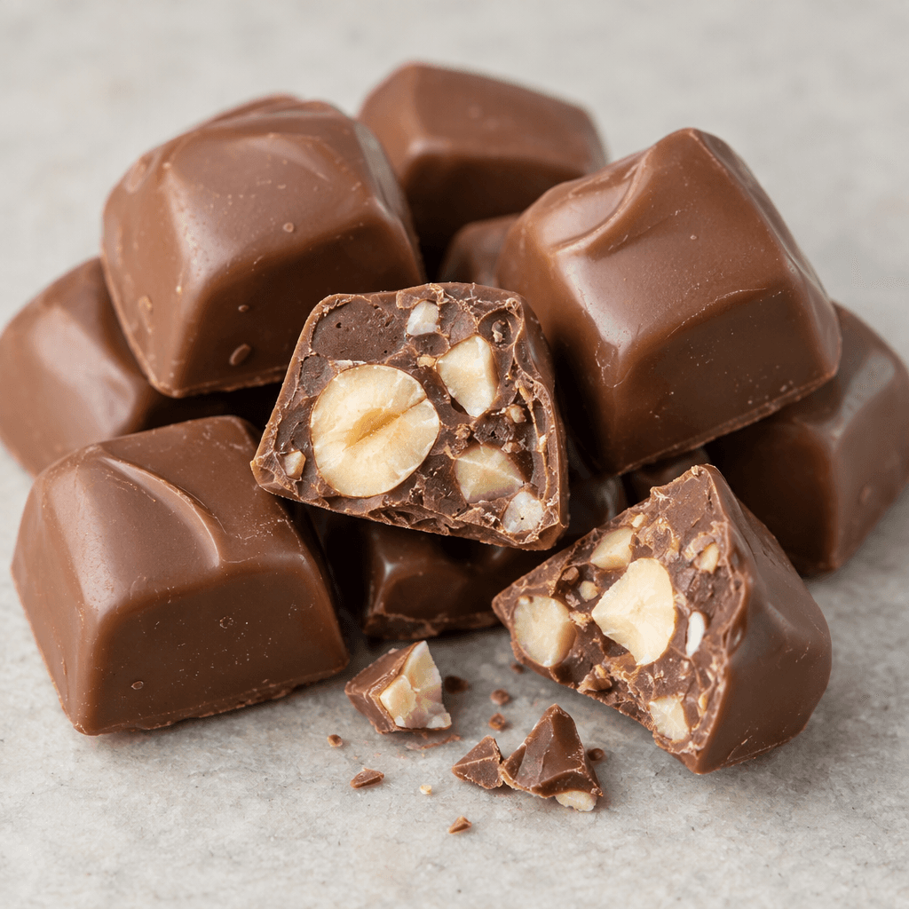 Small bite-sized milk-chocolate pieces with a smooth medium-brown surface, shown whole and broken open to reveal pale hazelnut pieces inside.