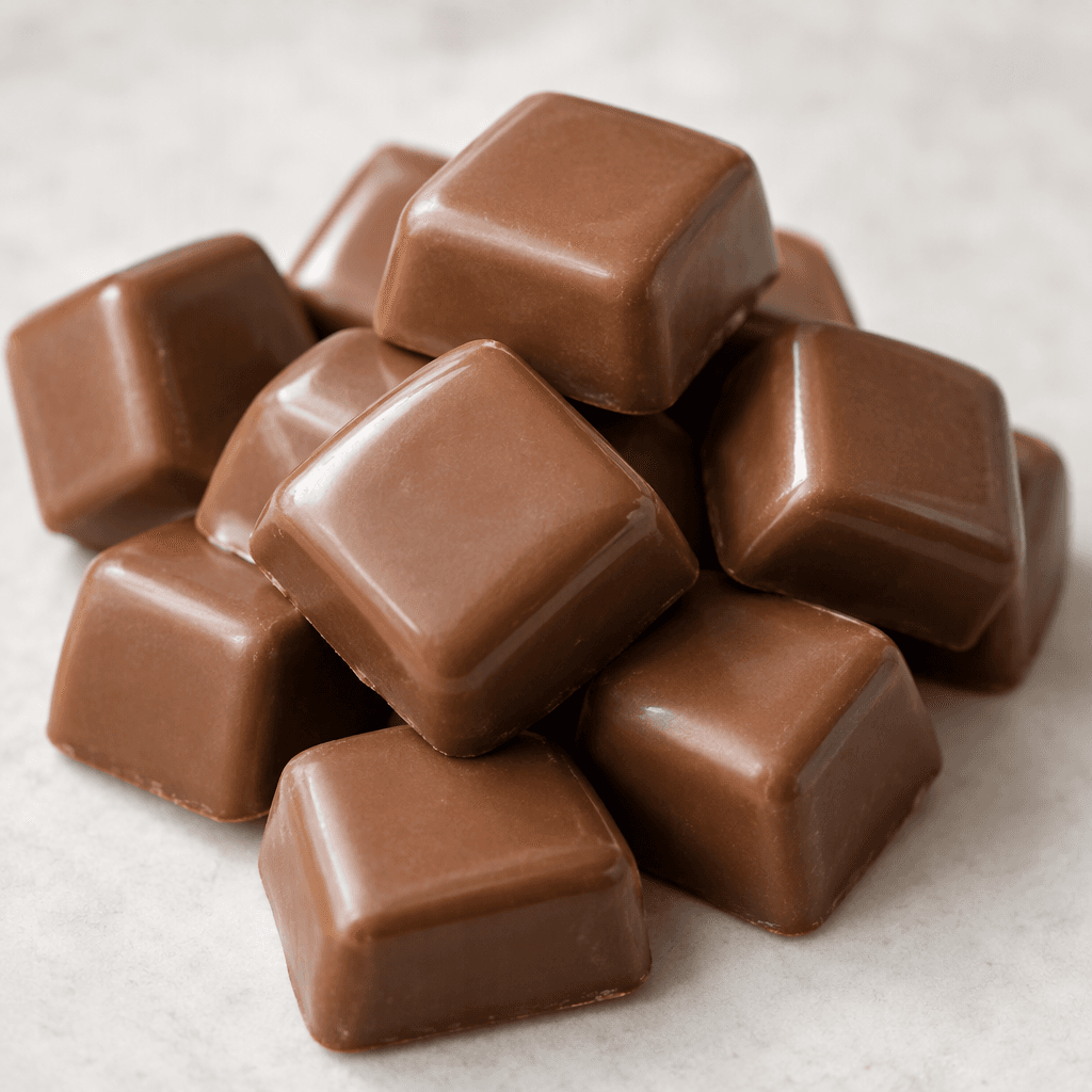 Small, bite-sized milk-chocolate pieces with smooth, glossy medium-brown surfaces and softly rounded edges, arranged together.
