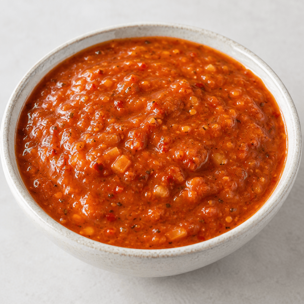 A thick, glossy red-orange sauce with fine visible flecks and small soft pieces, served in a shallow dish.