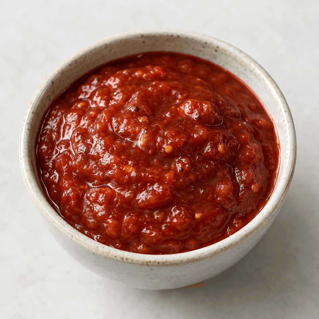 A thick, glossy deep-red sauce with a slightly chunky texture and tiny visible flecks, served in a small bowl.