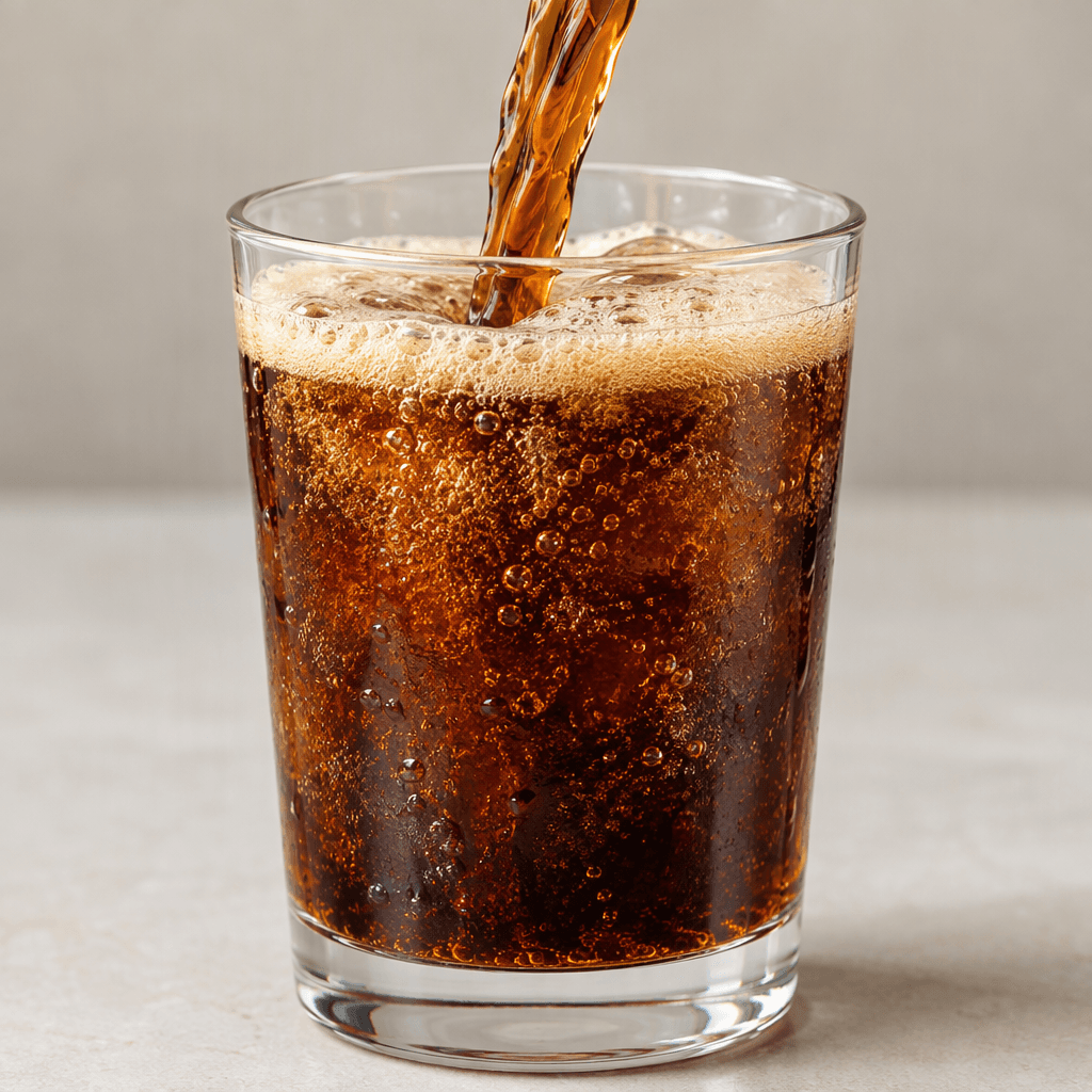 A dark caramel-brown fizzy drink is poured into a clear glass, with fine bubbles rising through the liquid and a light tan foam at the surface.