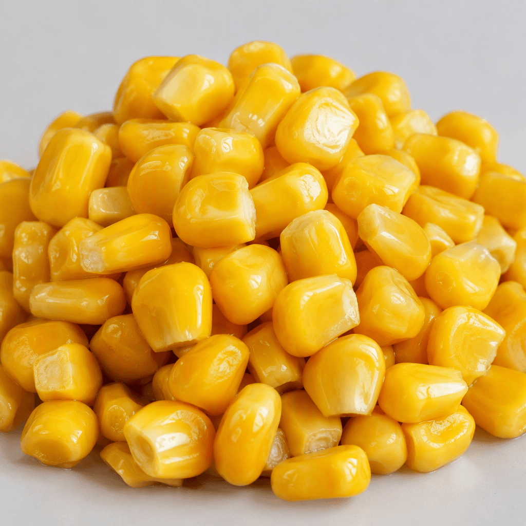 Plump, glossy golden-yellow corn kernels are piled together, with their smooth rounded surfaces and slight variations in size clearly visible.