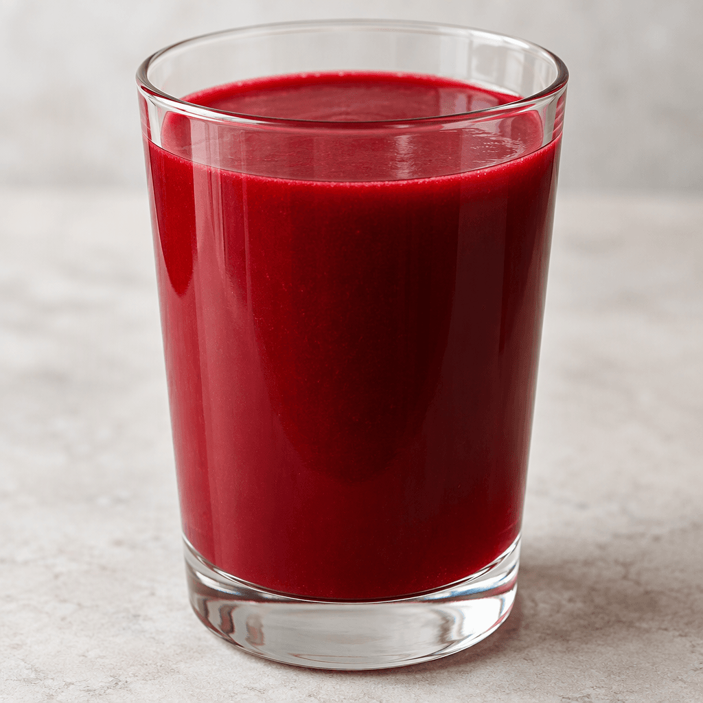 A smooth, opaque deep red liquid fills a clear glass, with a slightly thick, even appearance.
