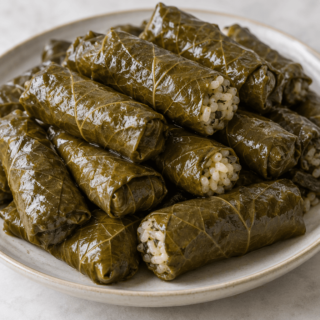 Neat, finger-length rolls of dark olive-green vine leaves with faintly visible leaf veins and a slight sheen are arranged closely on a serving plate, with pale rice filling showing at a few cut ends.