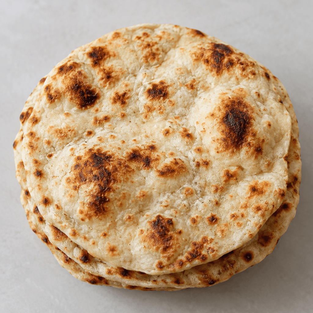 A round, palm-sized flatbread with a slightly irregular shape, a pale cream surface scattered with dark brown blistered patches, gently puffed areas, and a soft-looking, unevenly bubbled texture, served on its own or stacked with other breads.