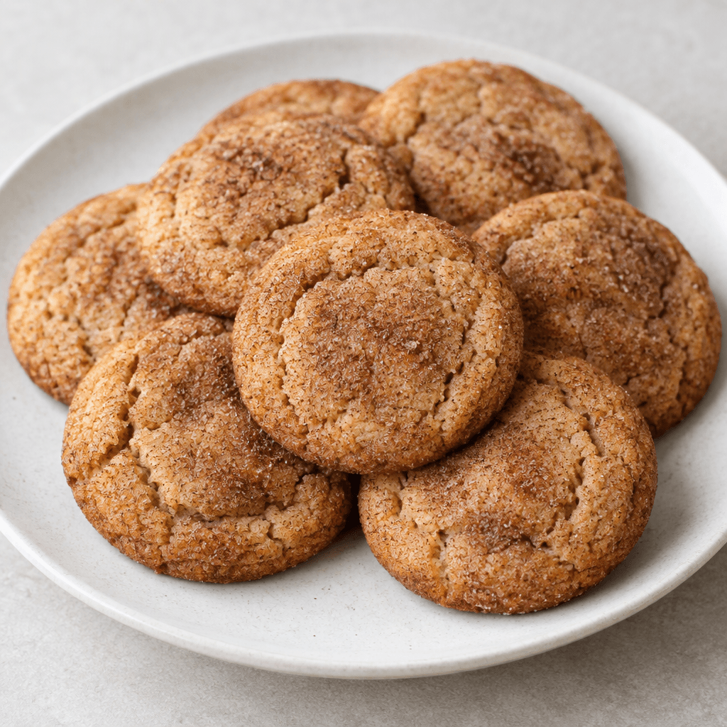 Small, round cinnamon cookies with golden-brown surfaces, slightly darker edges, fine cracks and a light dusting of cinnamon sugar, arranged overlapping on a simple plate.