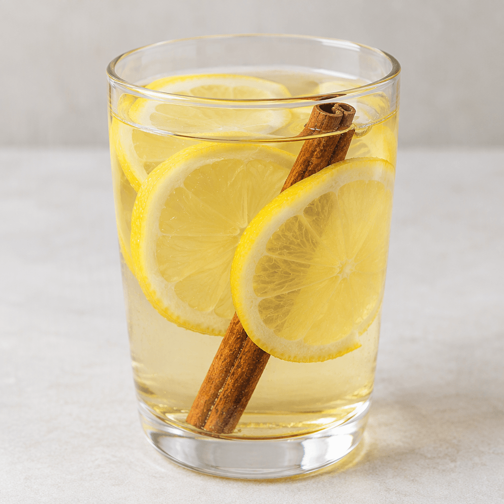 Şeffaf bir bardakta sunulan açık altın sarısı limonlu suyun içinde ince limon dilimleri ve kahverengi bir tarçın çubuğu görülüyor.