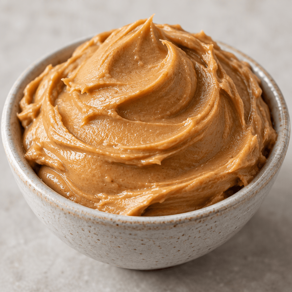 Thick, smooth light-brown peanut paste with a slight sheen, mounded in a small dish with soft spatula swirls.