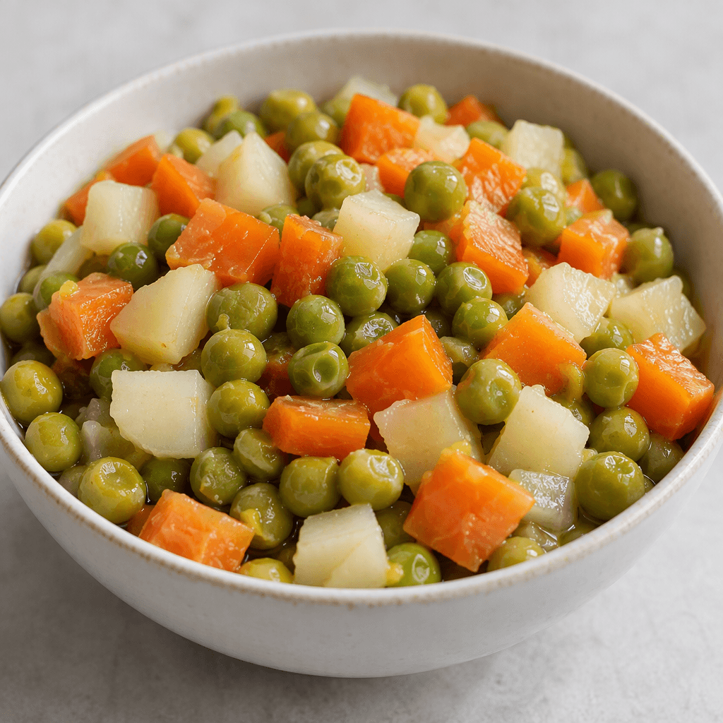 A glossy mix of small green peas, orange carrot cubes and pale potato cubes, served together in a bowl.