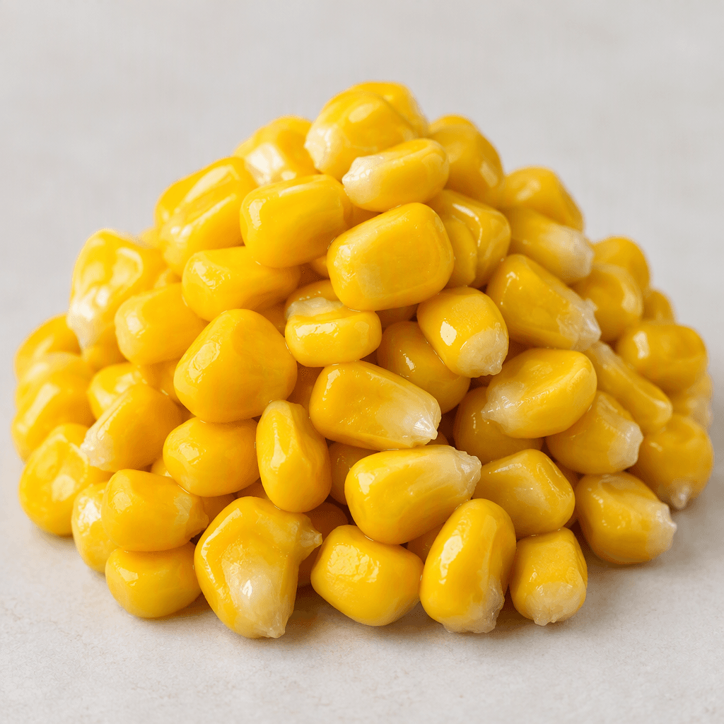 Plump, glossy golden-yellow sweet corn kernels with rounded edges are piled together in a small mound.