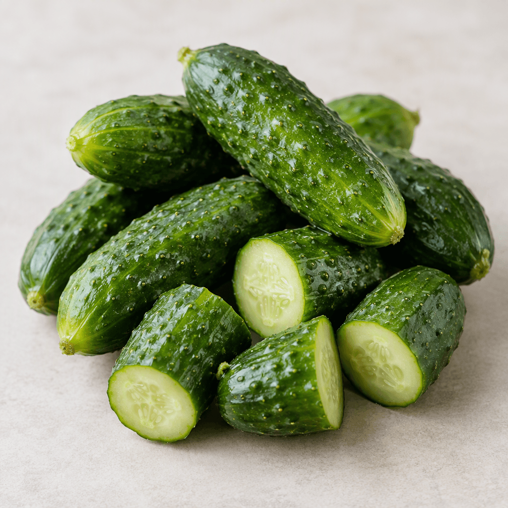 Small, glossy olive-green cucumbers with bumpy, ridged skins and tapered ends, shown whole and cut into short pieces.