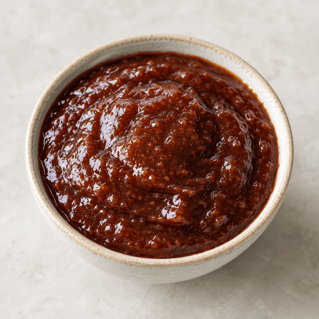 Küçük bir kâsede, yüzeyi parlak ve hafif dokulu, koyu kızıl kahverengi, yoğun bir tatlı chutney sosu duruyor.
