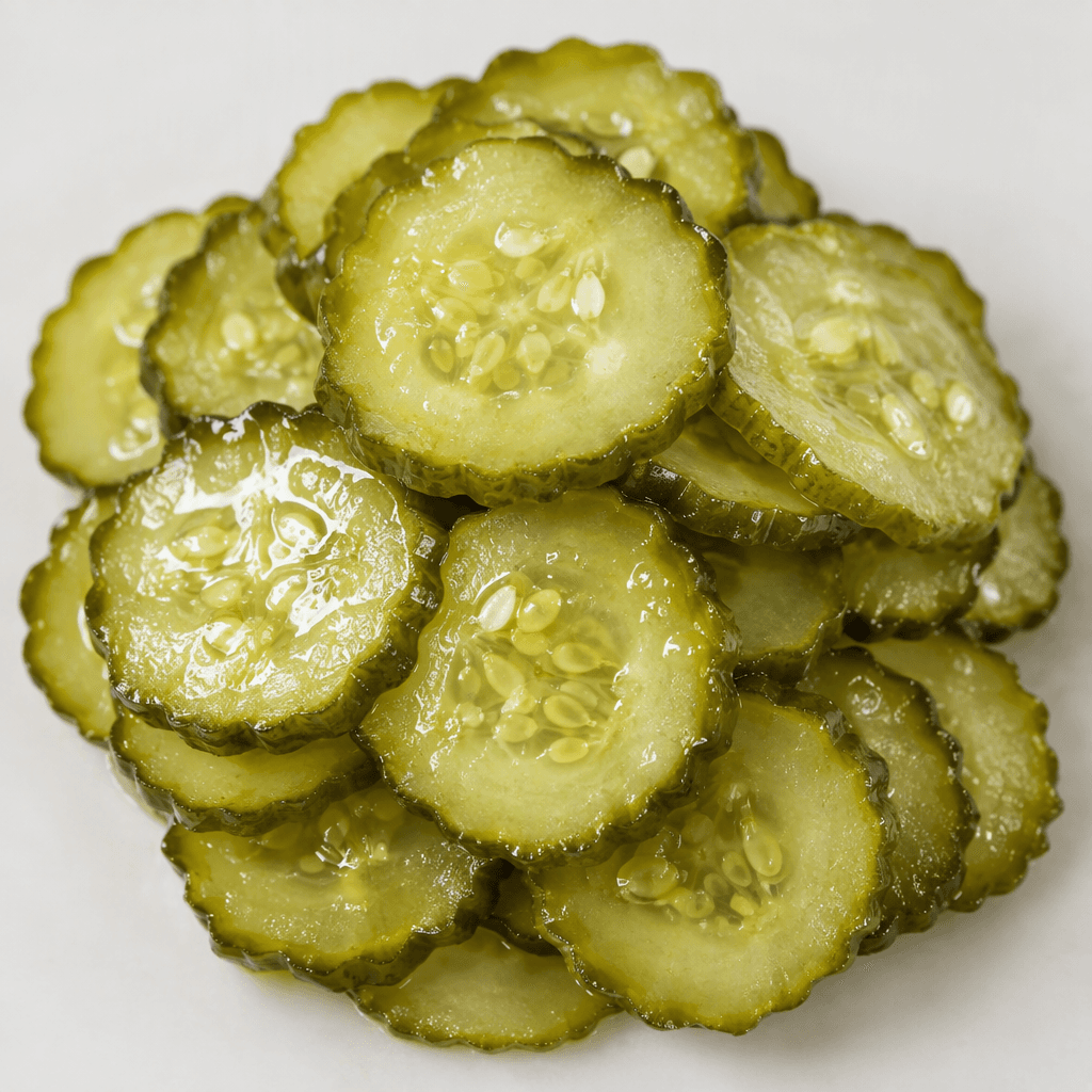 Thin, round cucumber pickle slices with scalloped edges, pale green centers and darker green skins glisten with brine, with small seeds visible across their translucent surfaces.