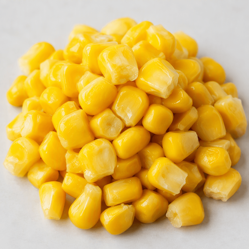 Loose, plump sweetcorn kernels in a vivid yellow colour, with smooth, slightly glossy surfaces and small rounded-to-angular shapes.